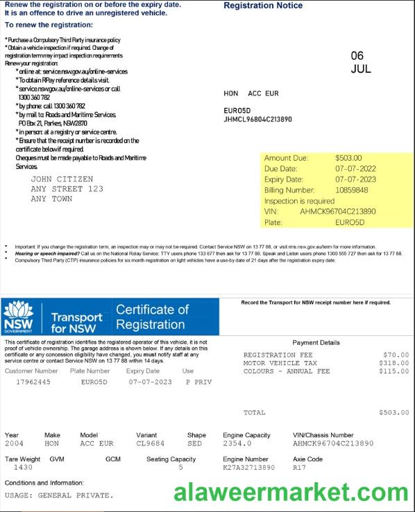 Australia Transport for NSW Registration certificate